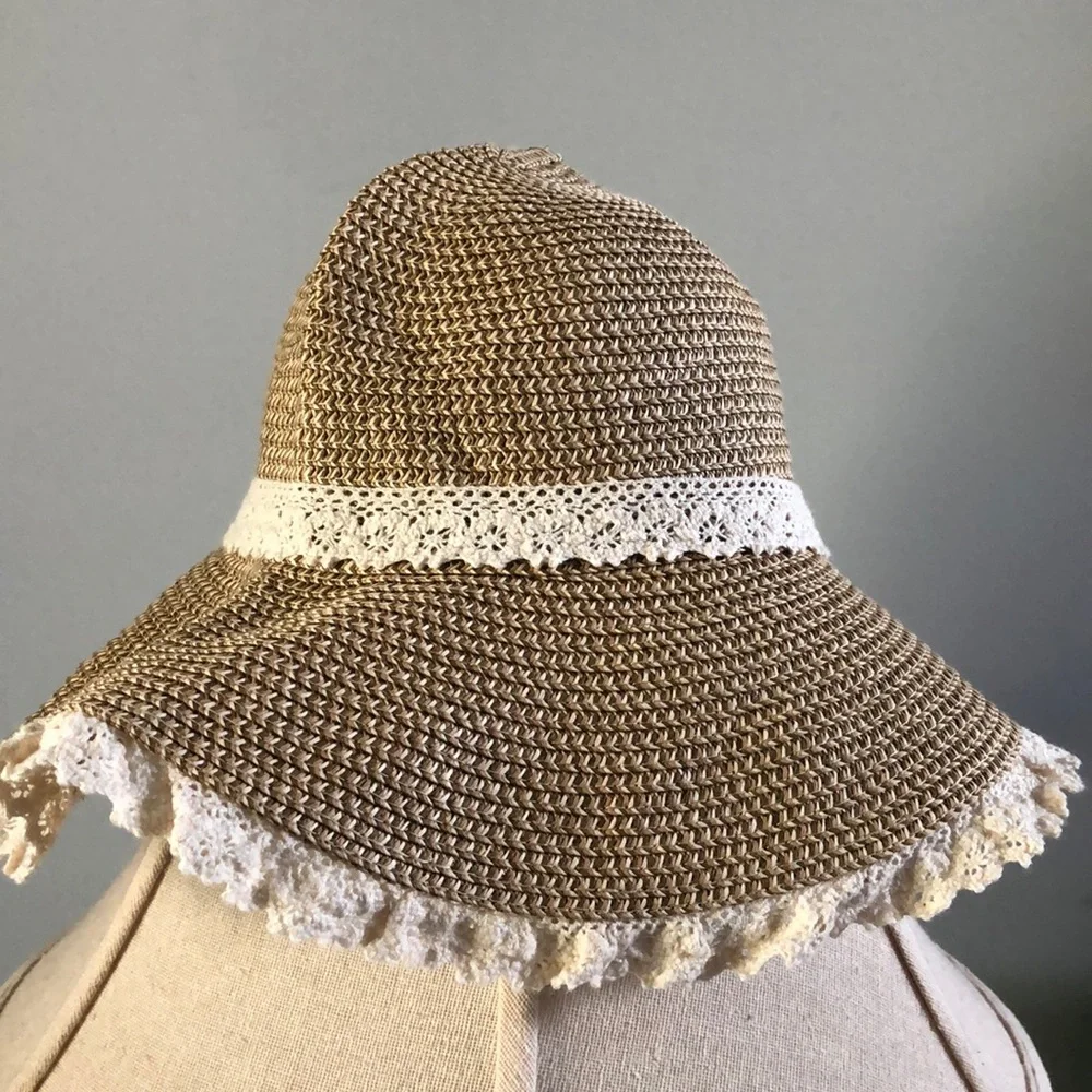 Sun Hat‎ Women's Brown With Lace Crochet Floppy Beach Pool